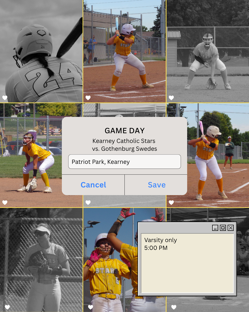 A computer screen theme with multiple color and black and white photos of softball players. Game Day information is included,