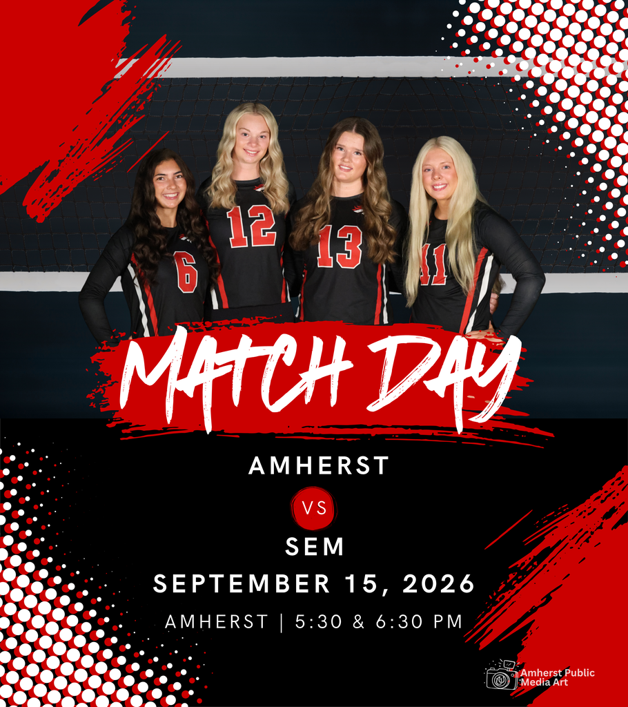 A red, black, and white artistic background with 4 volleyball players and net overlay. Game day information is the top layer.