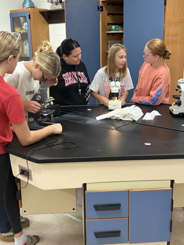 7th graders using microscopes in science class