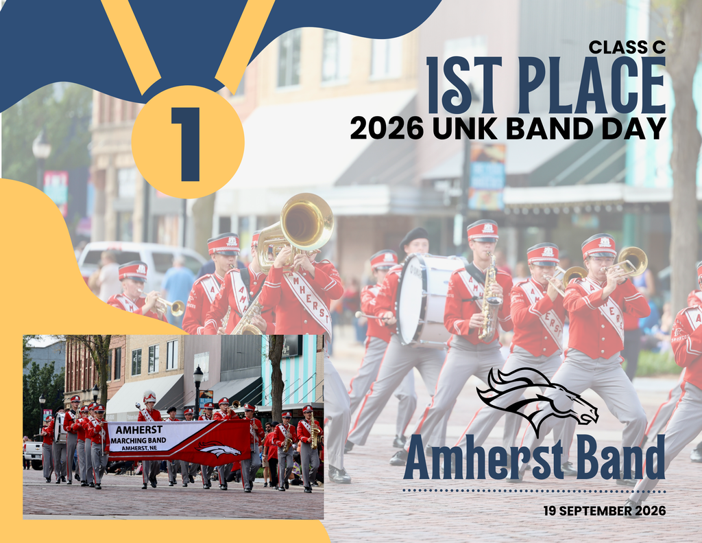 A blue and gold graphic layered with marching band photos and Championship information