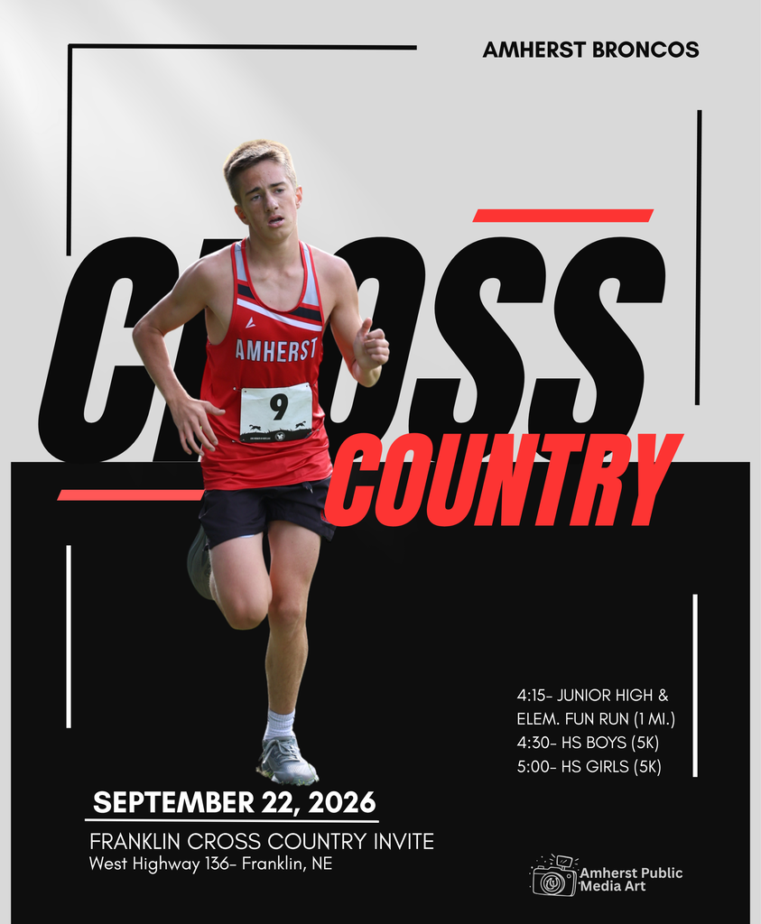 A black, red, and white motif with cross country meet information for 9-22 and a male Amherst Runner.