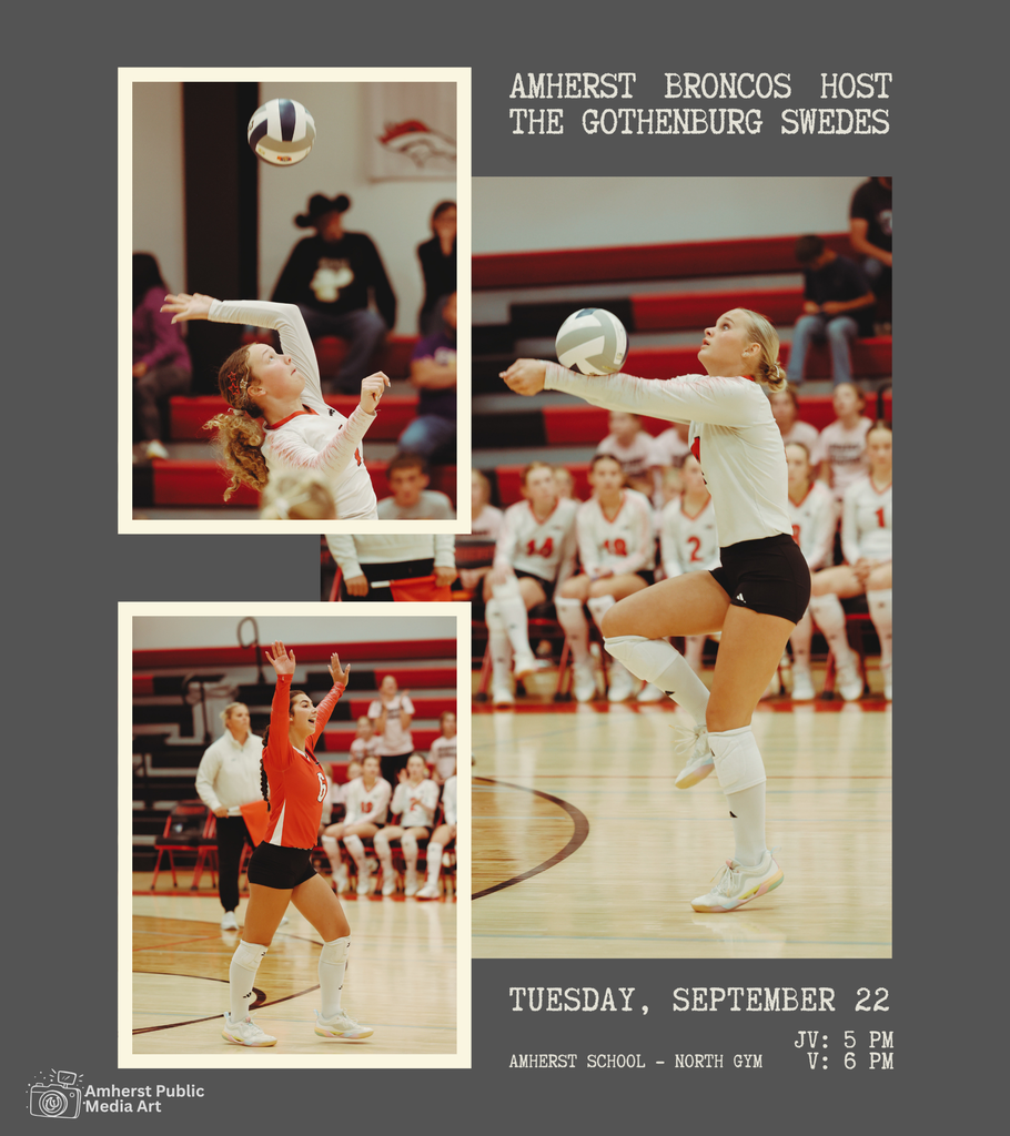 A gray and cream graphic feature 3 Amherst volleyball players in action, with 9-22 game info.