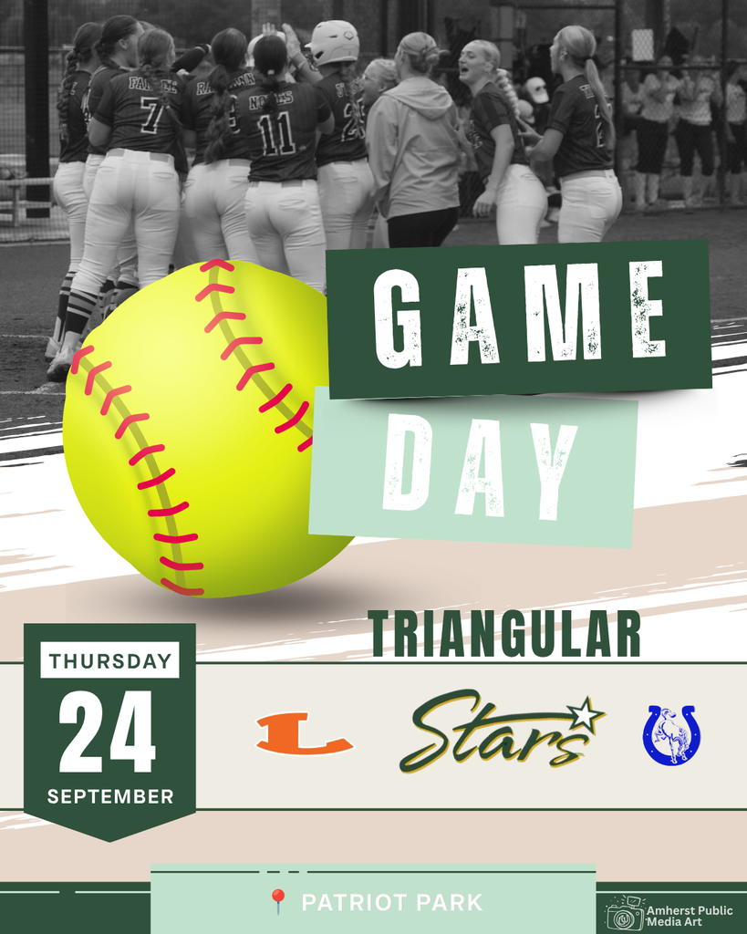 A vollyeball themed geen, tan, and white informative poster about the upcoming game. This poster features a photograph of a huddle and a digital image of a softball.