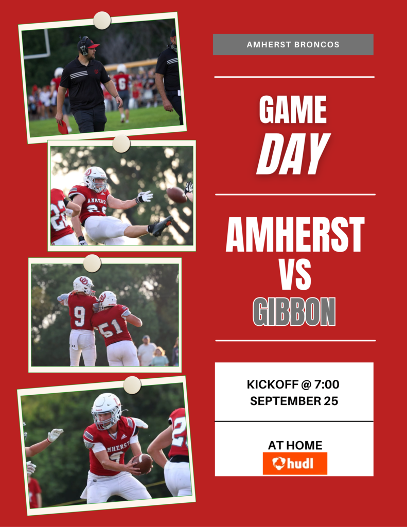 red and white game day poster with football players