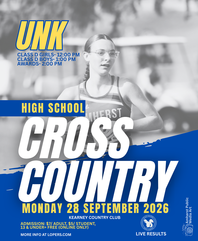 a black and white photo of a runner overlapped by blue and yellow graphics and cross country meet information.