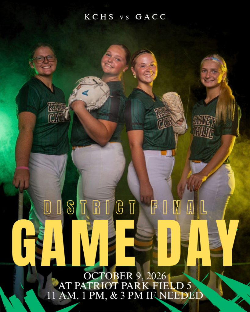 A green and yellow motif featuring a photo of 4 softball players overlapped by gae day information.