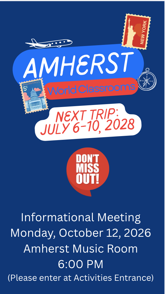 A Red, white, and blue background with trip meeting information.