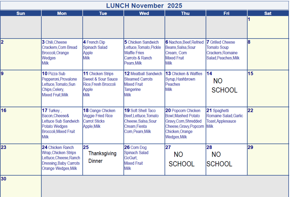 November 2025 Lunch Menu