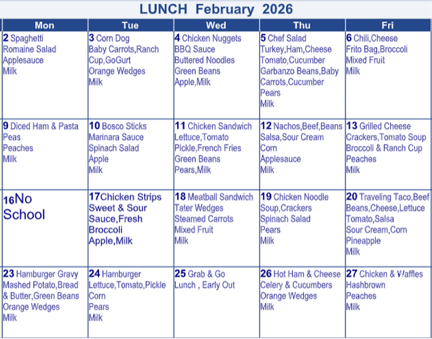 Lunch Menu, February 2026