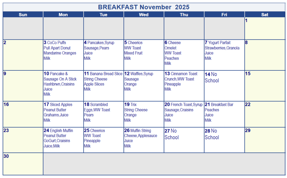November 2025 Breakfast Menu