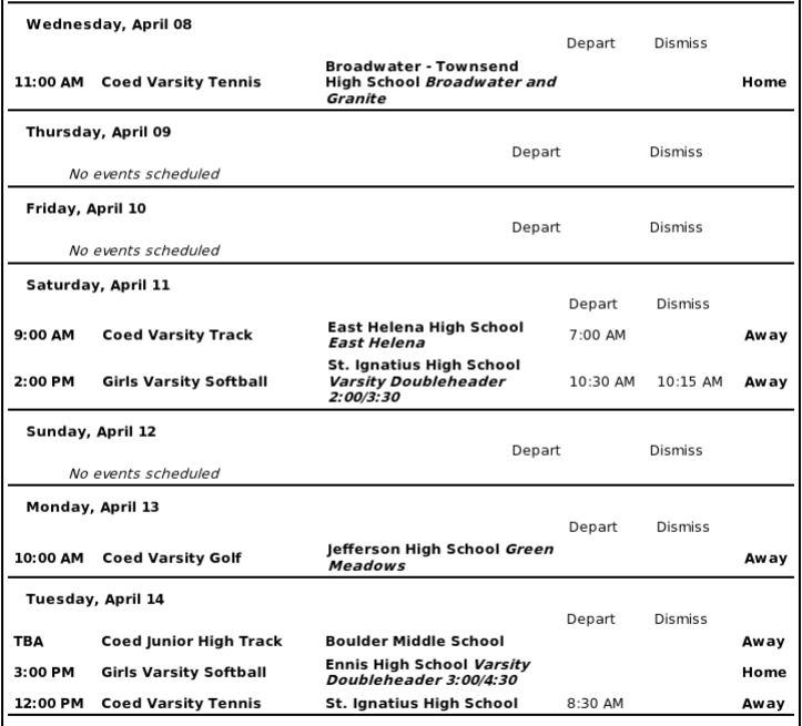 Week of April 8 to 15 events