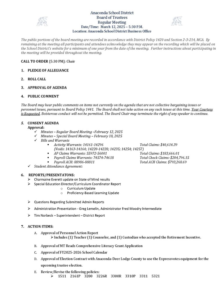 Regular School Board Meeting-March 12, 2025