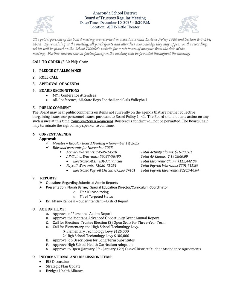 Regular School Board Meeting-December 10, 2025