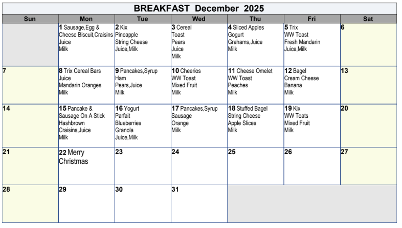 December 2025 Breakfast menu