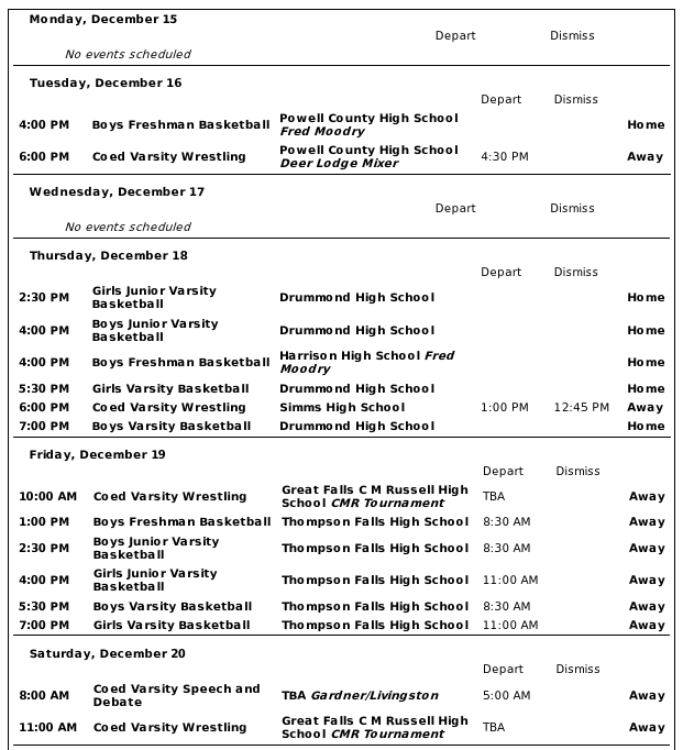 Copperheads Events December 12 to December 20, 2025