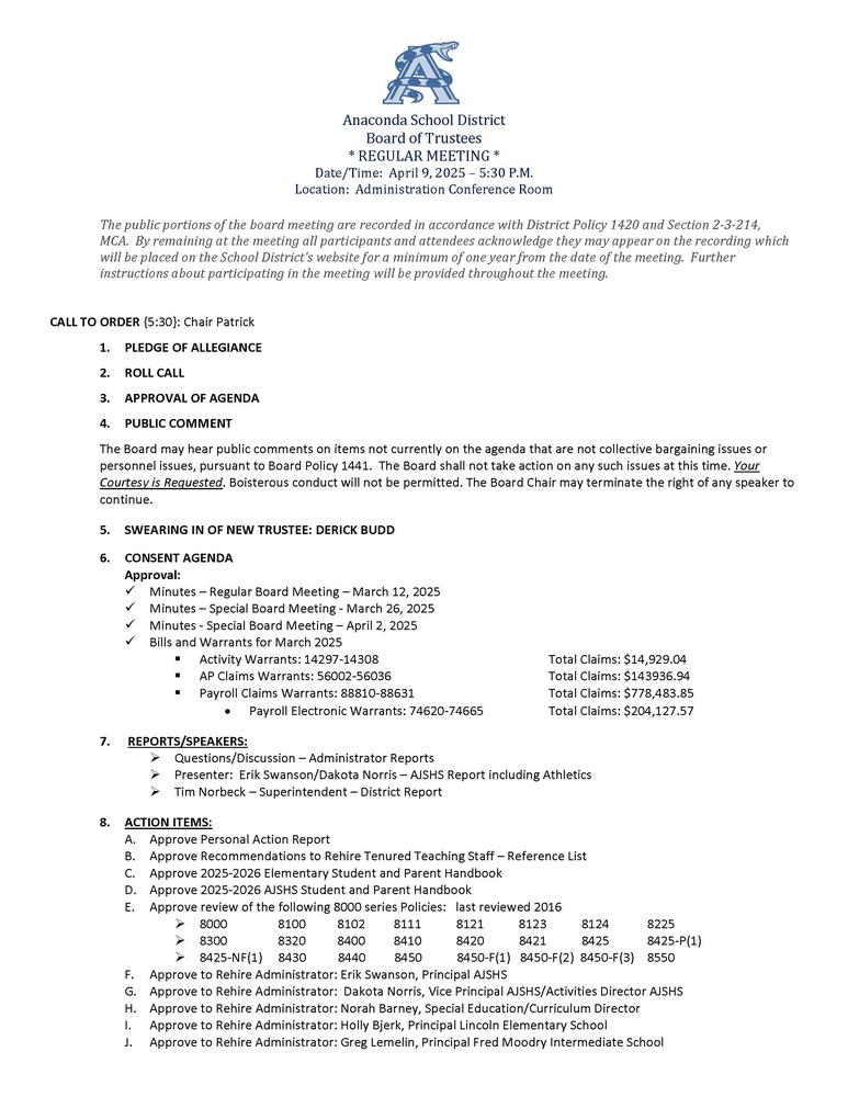 Regular Board Meeting-April 9, 2025