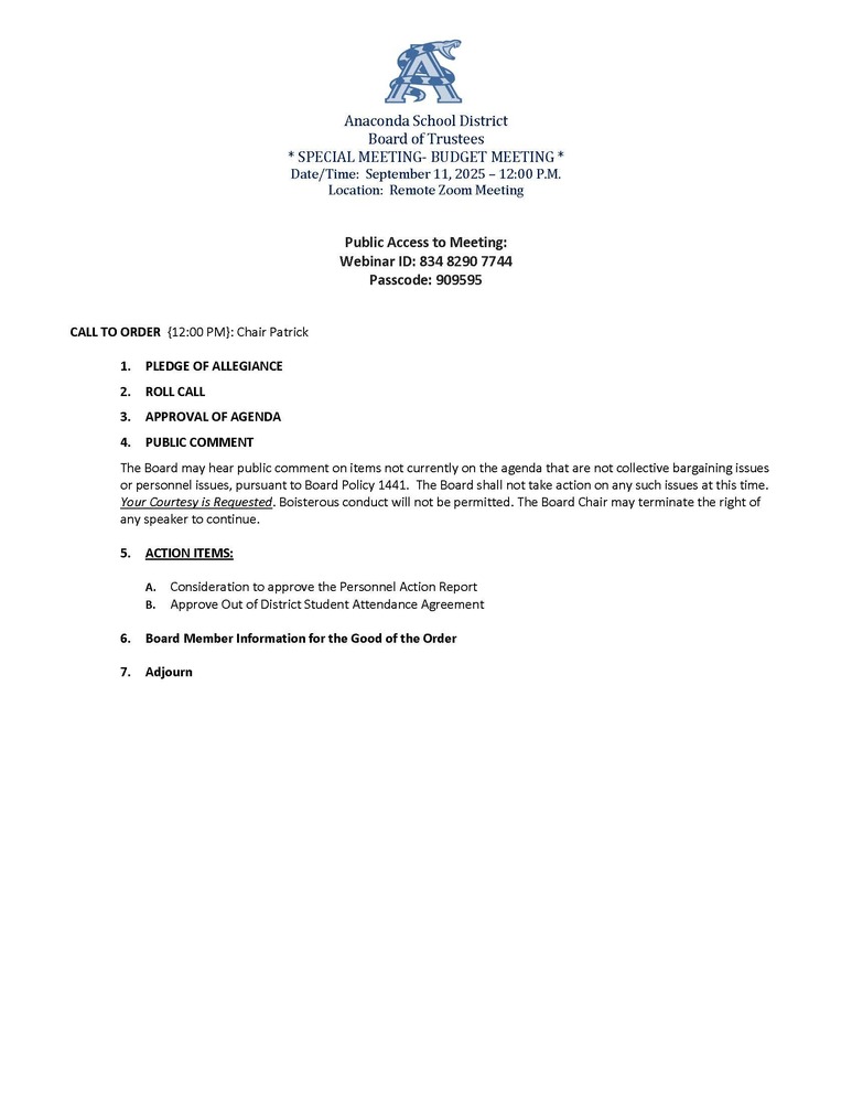 Special Board Meeting-September 11, 2025