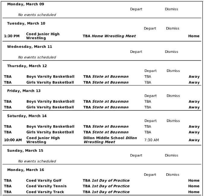 March 9 to March 16 events