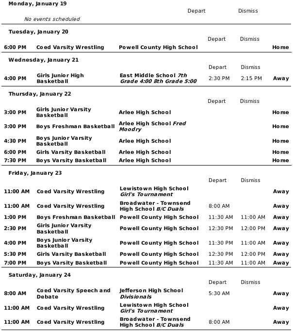 Copperheads weekly events, Week of Jan. 19