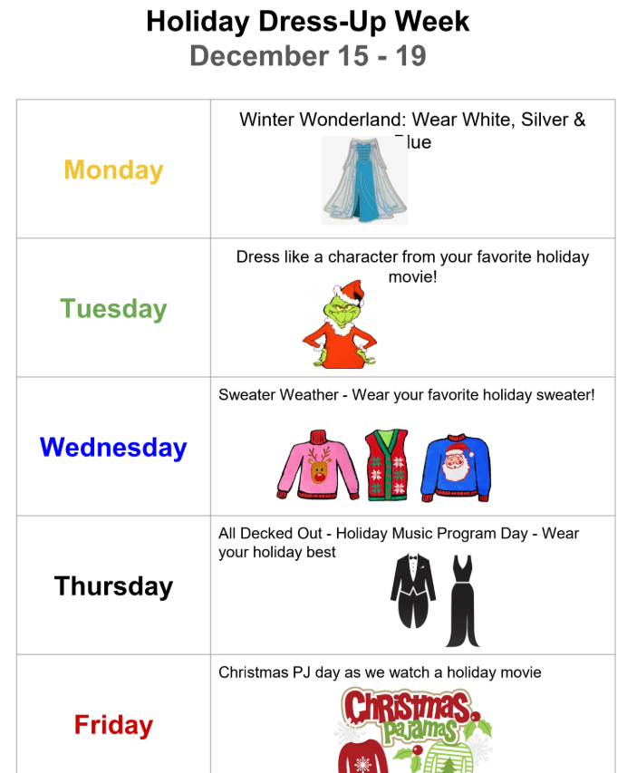 Dress up Days at Lincoln, Dec. 15-19, 2025