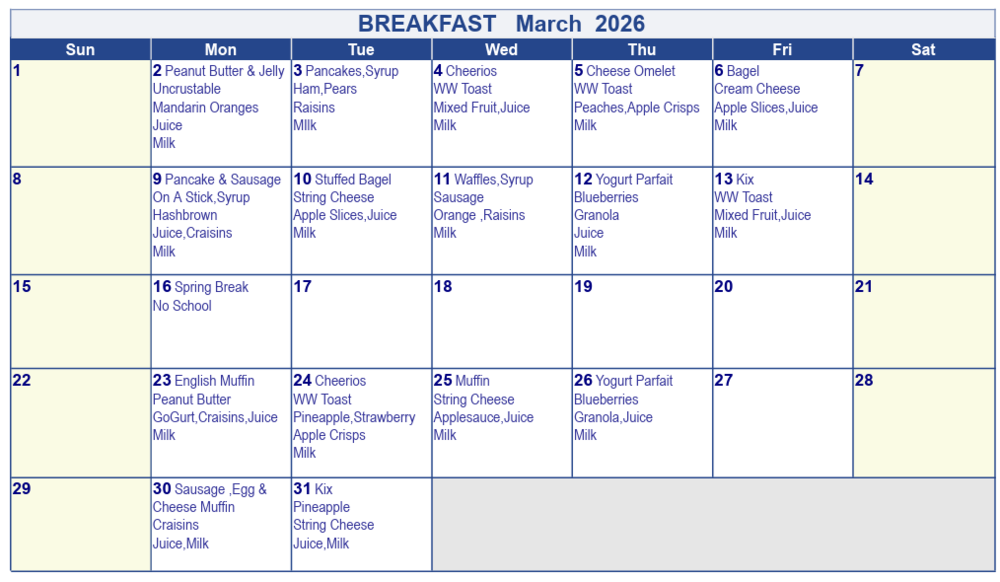 March 2026 Breakfast Menu
