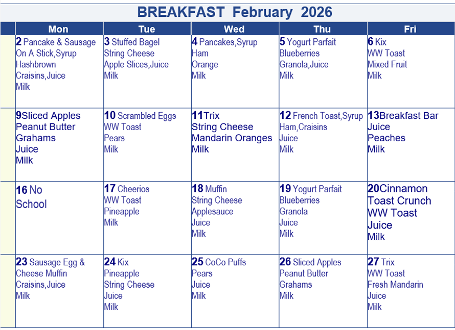Breakfast Menu, February 2026
