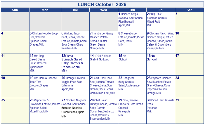 Lunch menu: Oct 26