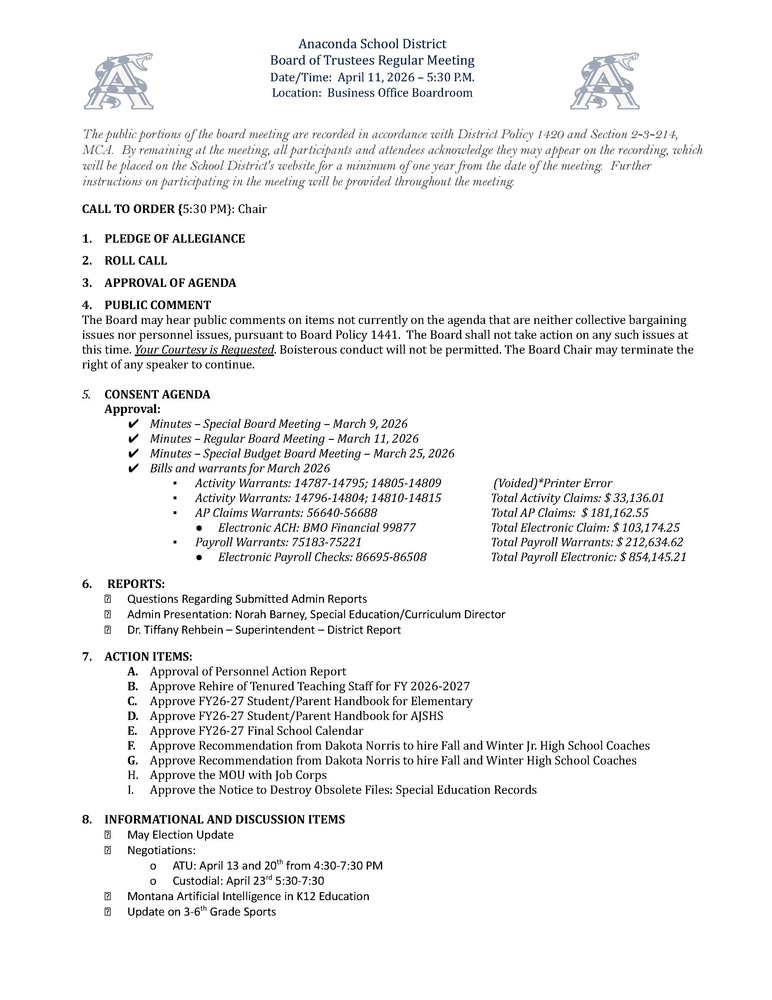 Regular School Board Meeting