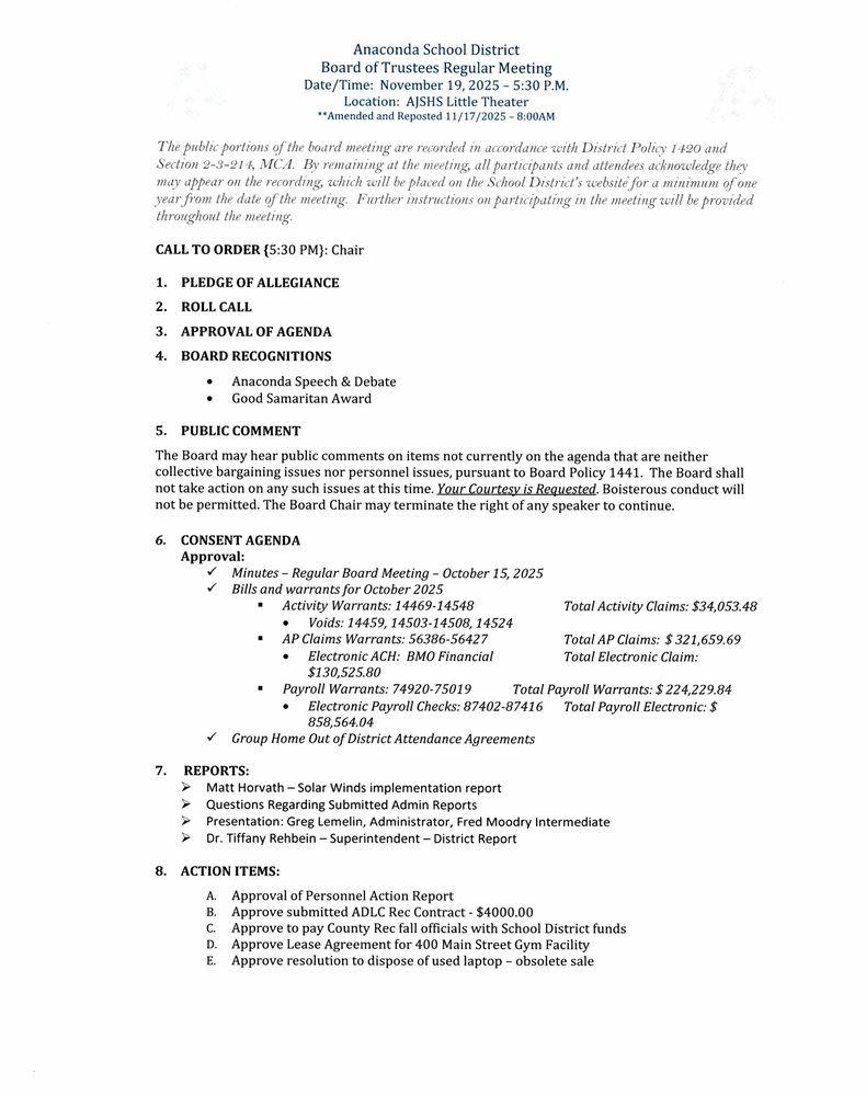 Regular School Board Meeting-November 19, 2025