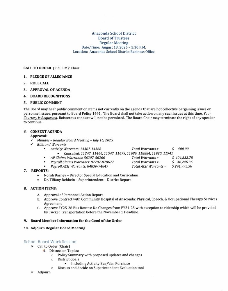 August 13, 2025 Regular School Board Meeting