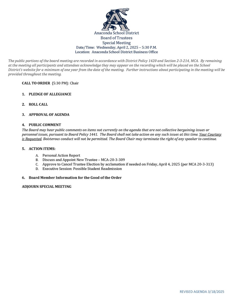 Special Board Meeting-April 2, 2025