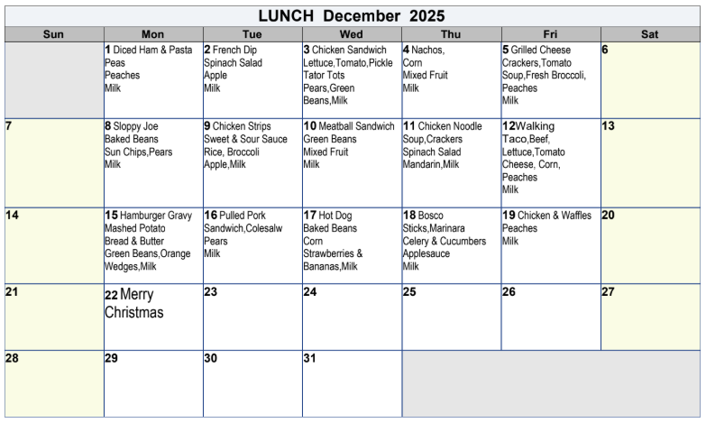 December 2025 Lunch menu
