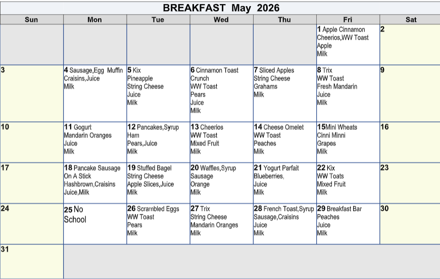 Breakfast Menu, May 2026