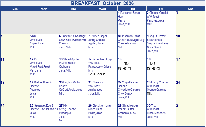 Breakfast menu: Oct. 2026