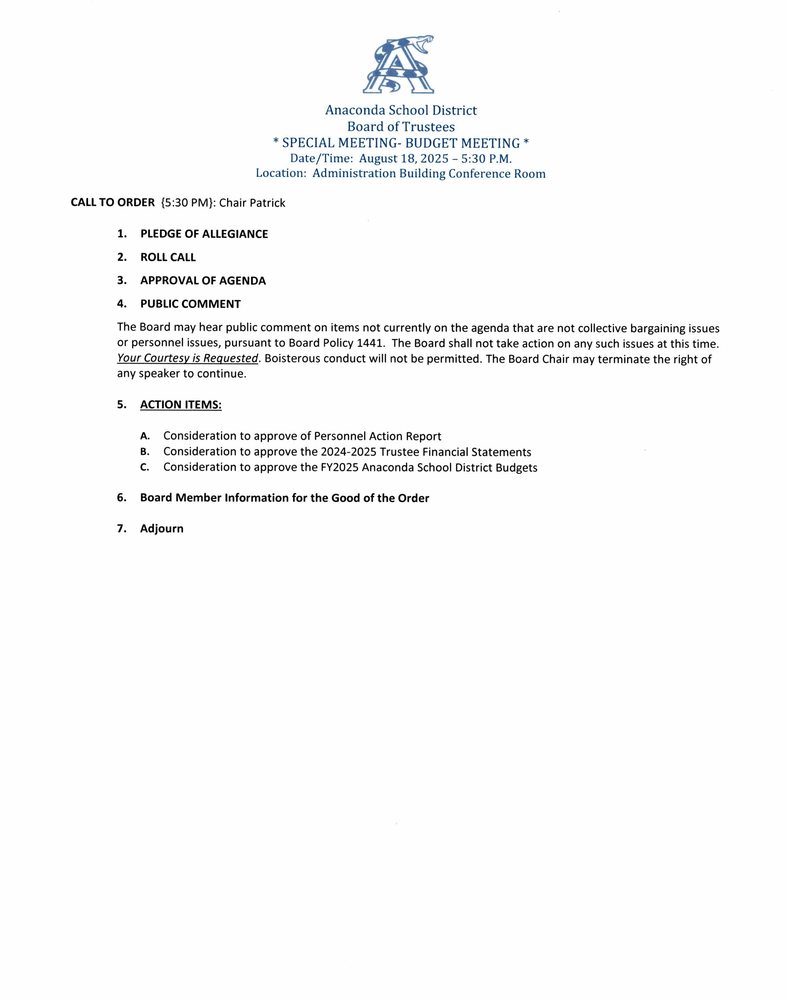 Special Board Meeting-August 18, 2025