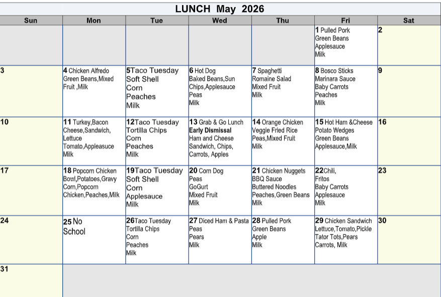 Lunch Menu, May 2026
