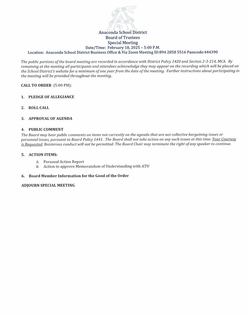 February 18, 2025 Special Board Meeting Agenda