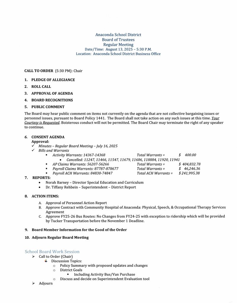 August 13, 2025 Regular School Board Meeting