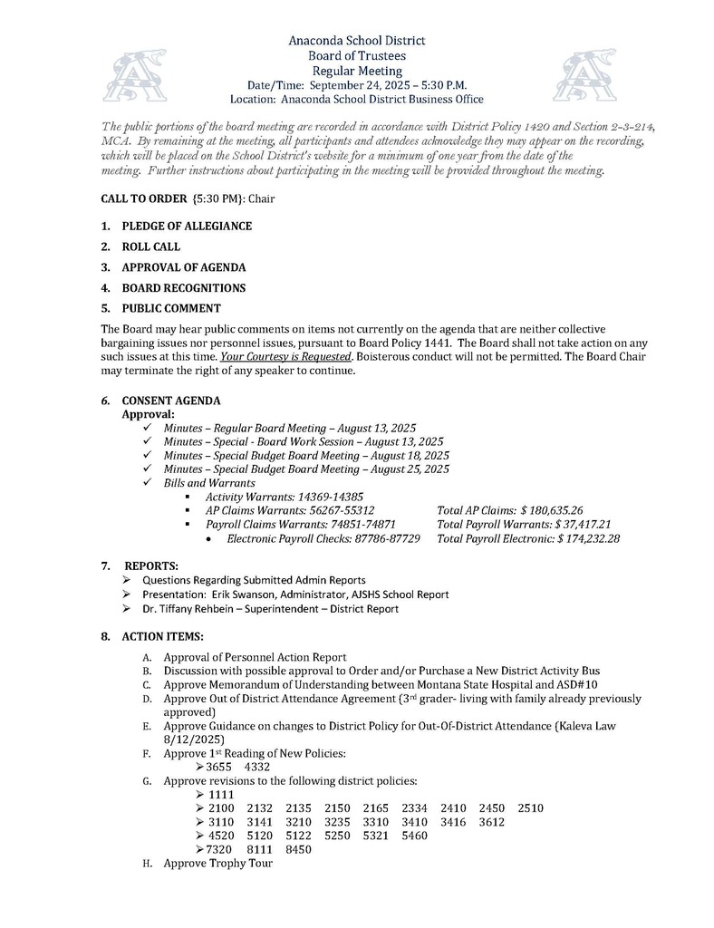 September 24, 2025- Board Meeting Agenda