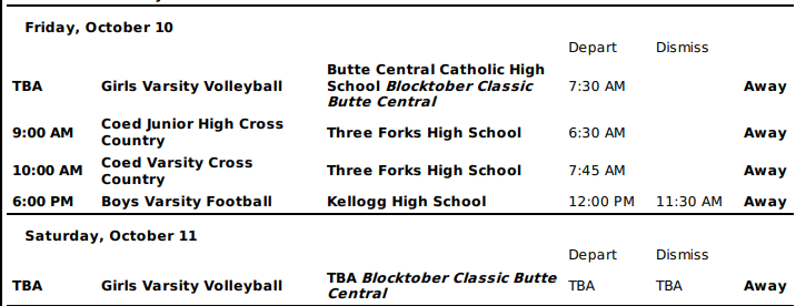 Athletic Events Oct 10 and Oct 11