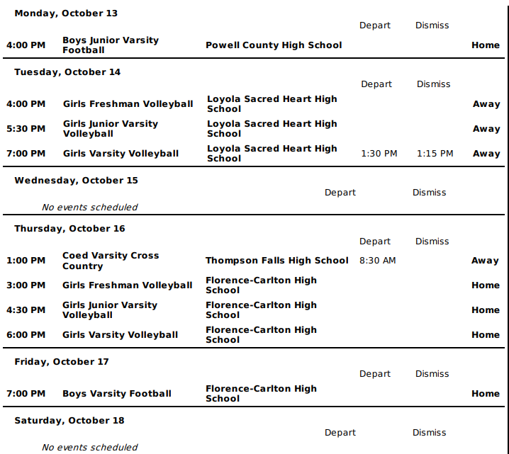 October 13 to 18 athletic events