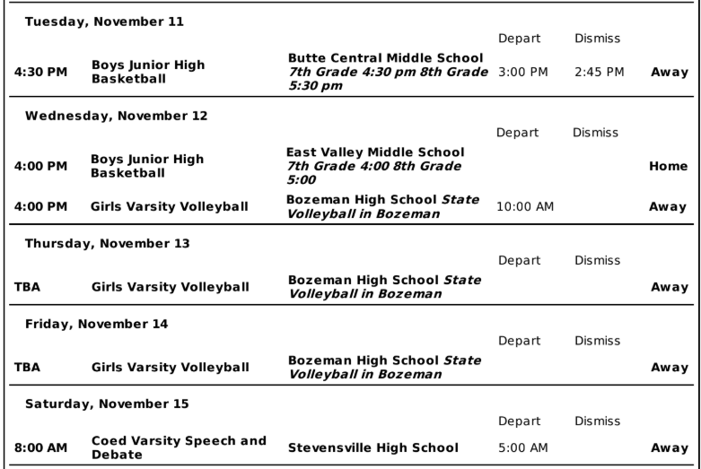 Copperheads Events November 11 to the 15th. 