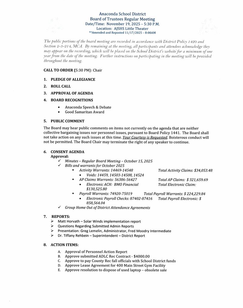 Regular School Board Meeting-November 19,  2025