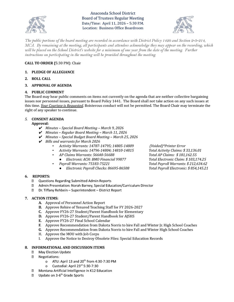 Regular School Board Meeting-April 8, 2026