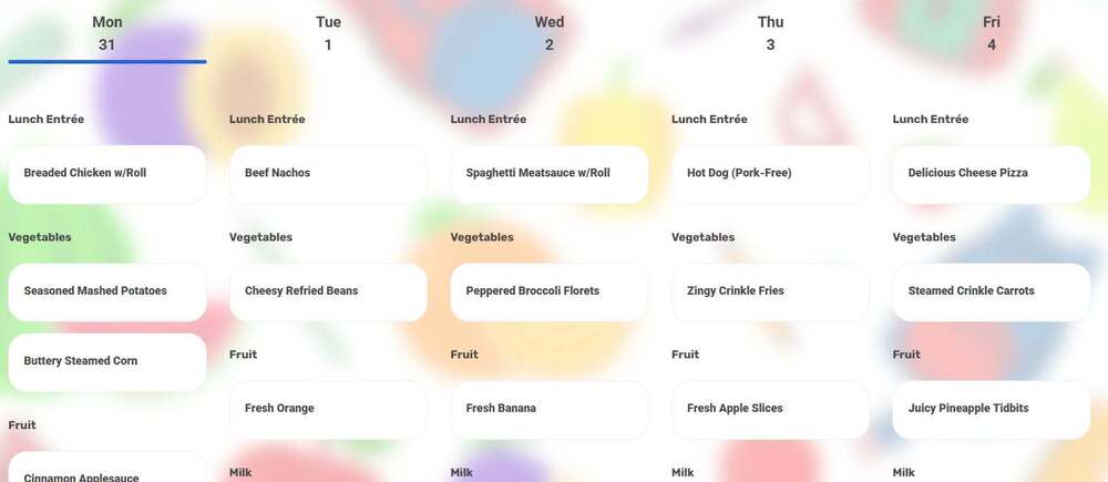 Lunch Menu Week of 8/31-9/4