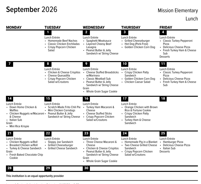 September Lunch Menu