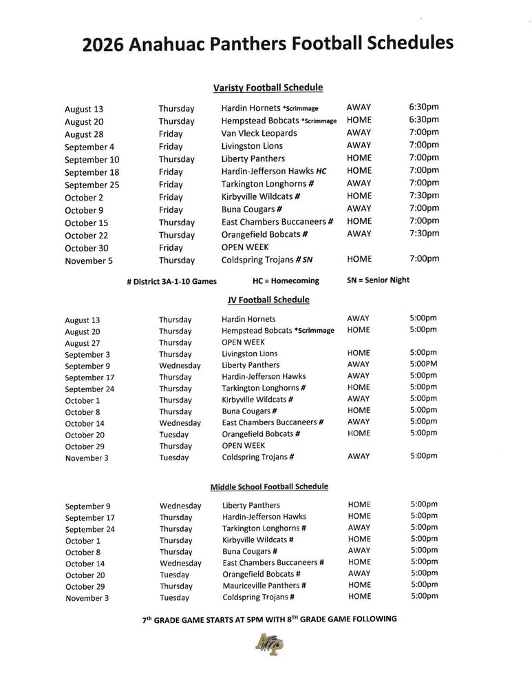 Football Schedule 2026