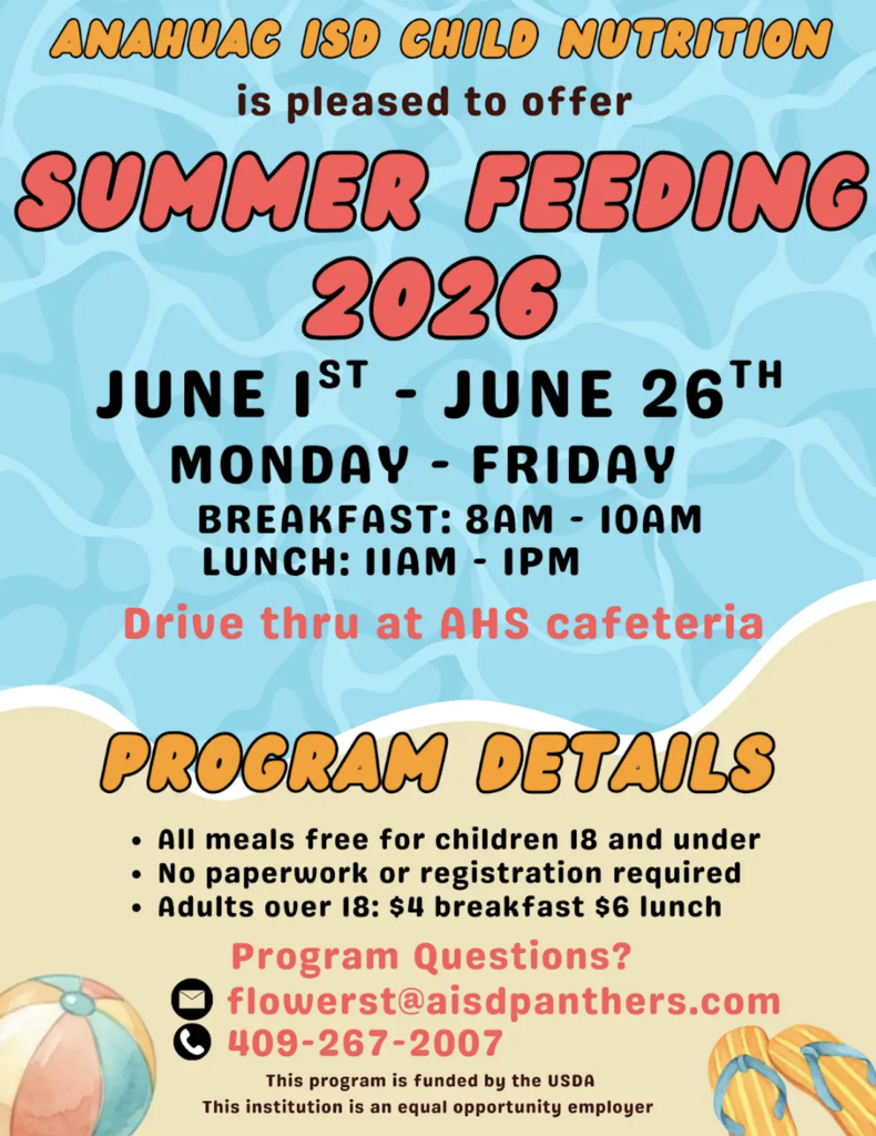 Summer Feeding 2026 June 1 - June 26 Monday-Friday Breakfast 8am-10am Lunch 11am-1pm Drive through at AHS