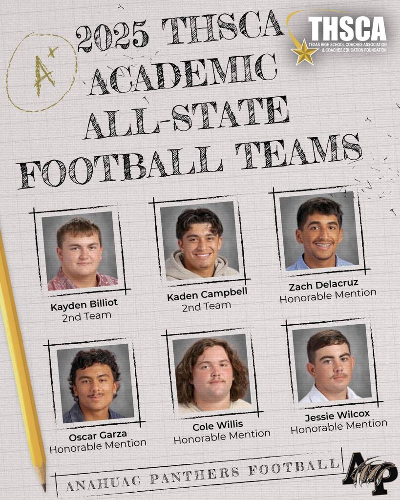 Anahuac High School student receive Academic All Stat honors Team Academic All-State: Kayden Billiot Kaden Campbell . Honorable Mention: Zach Delacruz Oscar Garza Cole Willis Jessie Wilcox.