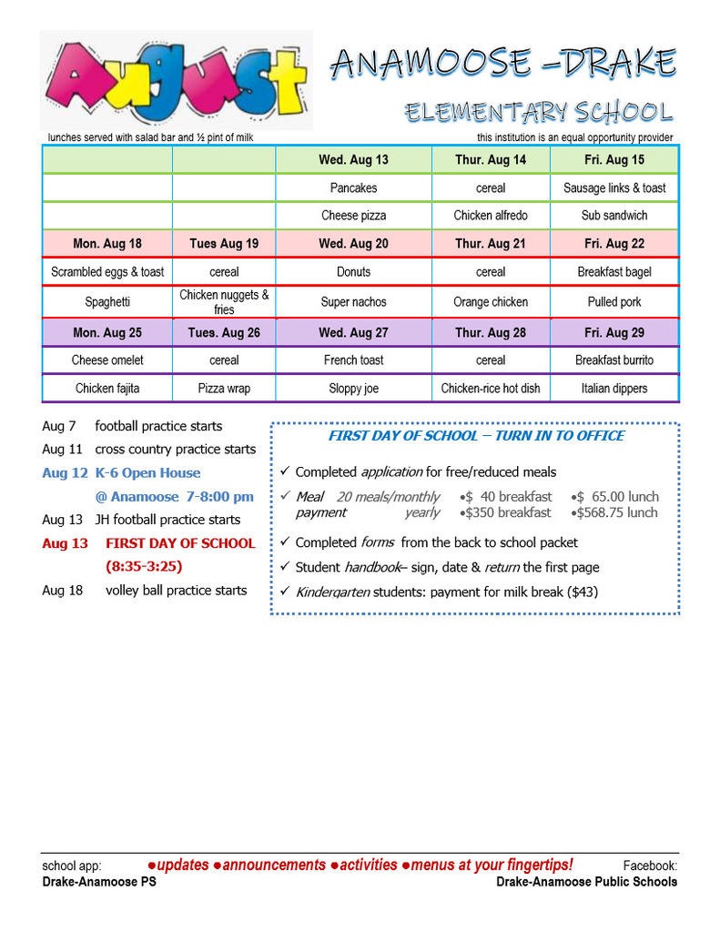 ADES August 2025 beginning of the school year menu and events